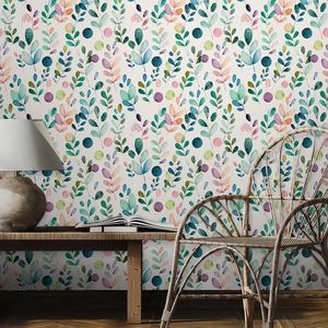 Carta da Parati Vintage con Foglie Verdi ad Acquerello, Adesiva e Rimovibile, con Erbe Botaniche Viola/Rosa, Design Retrò - Product Image 4