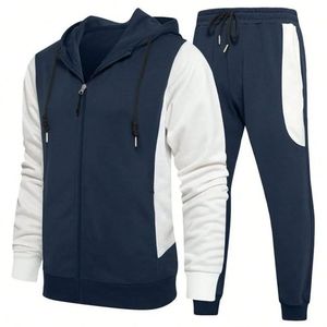 Men's Solid Tracksuit Set Hooded Zip-Up <b>Sweatshirt</b> and Sweatpants 100% Cotton Streetwear Winter Navy <b>White</b> Sporty Outfit - Product Image 1