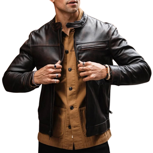 Men’s Distressed Dark Brown Genuine Leather <b>Racer</b> <b>Jackets</b> Snap Tab Collar Zip Front Slim Fit Vintage Motorcycle Casual Outerwear - Product Image 1