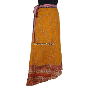 Indian Vintage 2 Layer <b>Magic</b> Hippie Sari Silk Wrap Skirts for <b>Beach</b> Wear 2 Layer Reversible <b>Magic</b> Silk Saris Wrap Long Skirt - Product Image 2