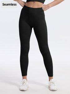 Leggings de yoga taille haute sans couture, longueur intégrale, noir uni, en spandex côtelé, extensible dans les quatre sens, taille élastique, séchage rapide, pantalon d'entraînement - Product Image 2