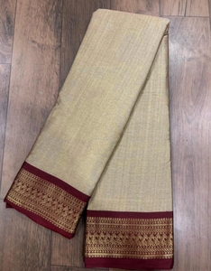 Sari traditionnel en coton et soie KV Maheshwari (beige) pour les occasions de fête - Réversible et infroissable - Product Image 2
