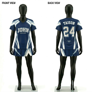 Maillot de cheerleading en polyester et élasthanne de qualité supérieure 180 GSM, bleu marine avec empiècements blancs, logo personnalisé par sublimation - Product Image 1