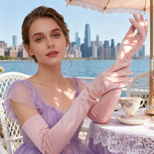 Guantes largos de piel de oveja negra de primera calidad para mujer, elegantes y con estilo, guantes de vestir cálidos para invierno, guantes de vestir largos hasta el brazo. - Product Image 6