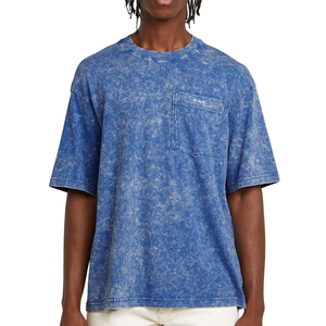 Mens Blue Washed Oversized <b>T</b> <b>Shirt</b> Crew Neck Short Sleeve Chest <b>Pocket</b> Drop Shoulder Vintage Casual Streetwear Wholesale - Product Image 1