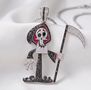 Collier pendentif Halloween en argent 925 avec moissanite et perle d'eau douce, chaîne à maillons, breloque crâne de dessin animé et Grim Reaper, bijou pour fête - Product Image 3