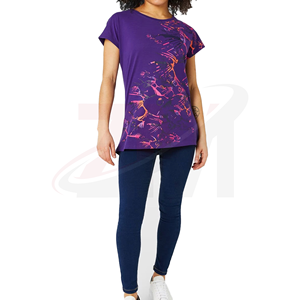 T-shirt pour femme à manches courtes, col rond, imprimé violet, coupe ample, décontracté, tricoté, 100% polyester, respirant, toutes saisons - Product Image 5