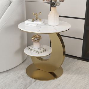 Tavolino da 20 pollici in oro a forma di luna con mobili da soggiorno tondi in pietra sinterizzata a 2 livelli - Product Image 5