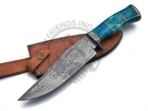 Couteau de chasse Bowie en acier Damas fait main, lame fixe ultra-affûtée, manche en os avec intercalaire en laiton, ambidextre, pour le camping et les activités de plein air - Product Image 5