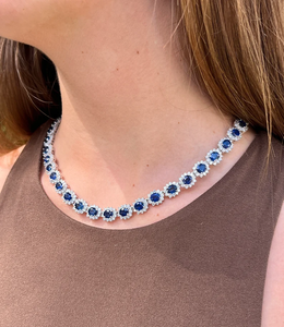 AssayJewelers 36Ct Oval Blue Sapphire 9.6Ct Diamond Halo Link Chain Choker <b>Necklace</b> in 14K Gold Plated Hiphop Wedding Style - Product Image 4