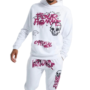 Conjunto Deportivo de Invierno con Capucha Unisex Blanco, Sudadera y Pantalones de Algodón con Estampado de Calavera, Cintura Elástica, Transpirable - Product Image 2
