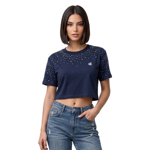 Haut court orné de strass pour femme, personnalisable avec logo, coupe décontractée, coton de haute qualité, respirant, style streetwear, coupe oversize - Product Image 1