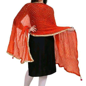 Dupatta Orange Bandhani en Soie Artificielle avec Broderie Gota, Foulard Hijab pour Femme, Idéal pour Mariages et Festivals - Product Image 1
