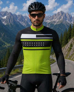 Men's Sublimation Long Sleeve Cycling Jersey Black <b>Green</b> Blue Geometric Pattern Road <b>Bike</b> Shirt - Product Image 4