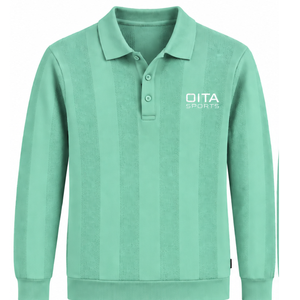 Mint Green <b>Mens</b> <b>Long</b> <b>Sleeve</b> Knitted <b>Polo</b> <b>Shirt</b> Textured Vertical Stripe Design Ribbed Hem Premium Casual Pullover Fashion Top - Product Image 1