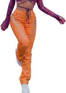 Orange High Waist gothic <b>Pants</b> With Lace-Up Side Detail <b>Y2K</b> Style Full Length Drawstring Closure - Product Image 3