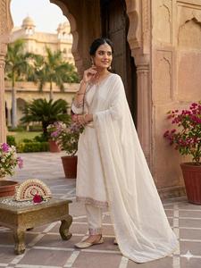 White Embroidered Salwar Kameez Set with Palazzo and Dupatta for Women - Product Image 3