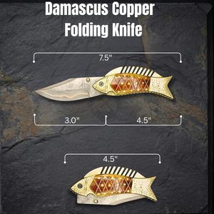Unique <b>Copper</b> Damascus Steel Artistic Fish Folding Pocket Knife Collectible EDC Multi-Functional Camping Hunting Knife - Product Image 2