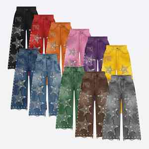 Pantalon de survêtement décontracté surdimensionné imprimé étoiles en strass style Hip Hop, avec bords déchirés personnalisés et motifs graphiques - Product Image 1