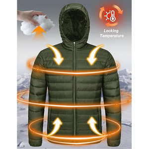 Men's Olive Green Hooded Puffer <b>Jacket</b> Windproof Zipper Closure Polyester Winter Coat Casual Style Regular Fit - Product Image 3