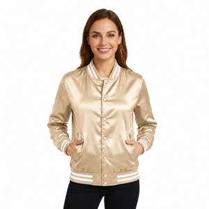 Chaqueta Varsity Dorada de Satén para Mujer, Manga Larga, Cierre de Botones, Acolchada, de Poliéster, Resistente al Viento, Transpirable, para Invierno - Product Image 2