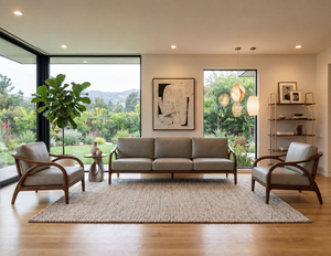 Sofá de Tres Plazas MT Furniture, Estilo Moderno de Mediados de Siglo, Tapizado en Cuero PU, Relleno de Espuma, Respaldo Firme, Brazos Curvos, Madera de Roble Sólido, para Sala de Estar - Product Image 2