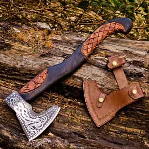 Hand Forged Viking Tomahawk Axe With Wood Handle And <b>Leather</b> Sheath Survival <b>Tool</b> - Product Image 1