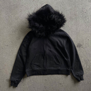 High Quality <b>Fur</b> Hooded Zip Up Hoodie Custom Distressed <b>Fur</b> <b>Trim</b> Heavy Cotton Fleece Oversized Streetwear Men Hoodie - Product Image 1
