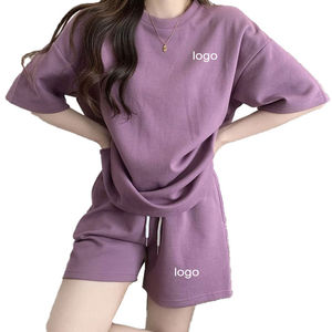 Ensemble court pour femme de haute qualité, coupe classique, brodé, 100 % coton, t-shirt et short, idéal pour la course et le jogging, deux pièces - Product Image 1