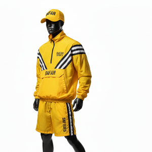 Ensemble coupe-vent pour homme en tissu polyester premium, jaune et noir, design à panneaux chevron, logo personnalisé par transfert thermique, grandes tailles - Product Image 4