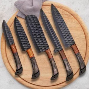Ensemble de couteaux de cuisine BK Industries en acier Damas, 5 pièces, avec manches en bois, design ambidextre, lames droites et affûtées - Product Image 2