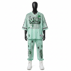 Ensemble homme respirant en jersey et pantalon en maille polyester 180 GSM, style cargo vert menthe, impression de logo personnalisée, 2 pièces - Product Image 1