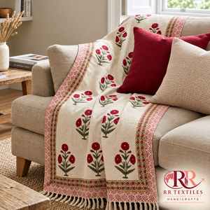 Manta de Sofá 100% Algodón con Estampado Artesanal y Borlas, Manta Floral Hecha a Mano para Sofá, Ropa de Cama Moderna, Transpirable, Decoración del Hogar para Todas las Estaciones - Product Image 1