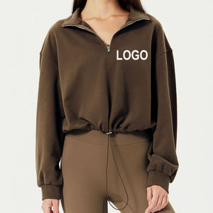 Ensemble sweat-shirt court beige demi-zippé et leggings assortis pour femme – Polaire épaisse de qualité supérieure, pull à manches longues, style athlétique - Product Image 4