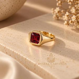 Bague signet ovale en grenat rouge naturel 12x12mm, plaqué rhodium, argent sterling, bague statement unisexe, bijoux en pierres précieuses - Product Image 3