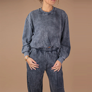 custom logo High Quality Women's Oversized Acid Wash <b>Tracksuit</b> Heavyweight 100%Cotton Crew Neck Loose Fit <b>Tracksuit</b> Solid Color - Product Image 3