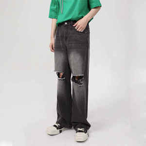 Jean déchiré pour homme, délavé à l'acide, style Monkey Wash, avec trous, en denim vintage noir, coupe baggy - Product Image 3