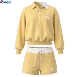 Autumn Wear Women's Custom logo 2pcs Sets Color-blocked Turn-<b>down</b> Neck Sweatshirts and Shorts Sets Casual Long-sleeve Set - Product Image 2