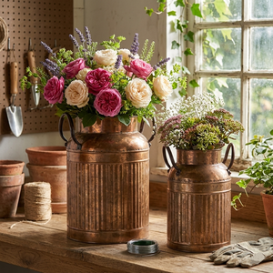 Decorative Copper Metal Milk Cans <b>Set</b> of 2 Ribbed Flower <b>Vases</b> Antique Style Ironware for Home & Wedding Decor Handmade Planter - Product Image 2