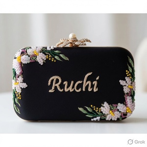 Black Velvet Beaded <b>Clutch</b> with Floral Embroidery Chains Flap Closure Elegant Evening Bag Ruchi - Product Image 2