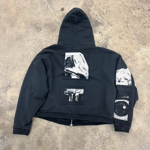 Sweat-shirt à capuche zippé noir surdimensionné pour homme avec imprimé graphique, style streetwear, en coton tricoté - Product Image 2