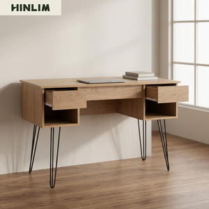 Modern Oak Wood <b>Console</b> <b>Table</b> with Metal Hairpin Legs Minimalist Design <b>Storage</b> Drawers for Home Office Furniture - Product Image 1