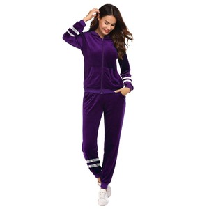 Ensemble de survêtement en velours violet pour femmes, à capuche, manches longues, couleur unie, tenue de jogging décontractée avec poches latérales et cordon de serrage - Product Image 6