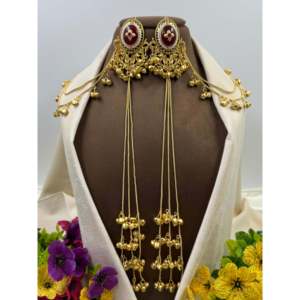 Indian Ethnic Roshni Kashmiri Jhumka Earrings with Chain-Gold Plated Pearl Bridal Jewelry - Product Image 3