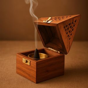 Boîte à encens traditionnelle indienne en bois pour la prière quotidienne, la méditation et la relaxation avec système de récupération des cendres - Product Image 4