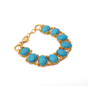 Natural Turquoise Bohemian Brass 18K <b>Gold</b> Plated Handmade Chain & Link <b>Adjustable</b> Statement <b>Bracelet</b> for Women - Product Image 2