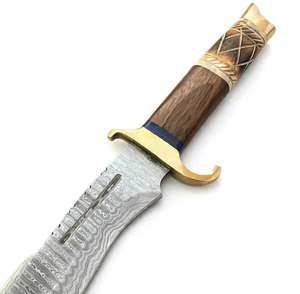 Handcrafted Damascus Steel Outdoor Utility <b>Tool</b> Solid Brass Double Crossguard Segmented Walnut <b>Wood</b> & <b>Carved</b> Bone Handle - Product Image 3