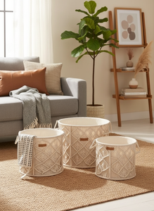 Round Set of 3 Macramé Boho Laundry <b>Baskets</b> with Handles Handmade Cotton Rope <b>Storage</b> <b>Basket</b> <b>for</b> Home Décor & Organizer - Product Image 4