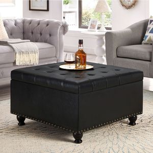 Pouf de rangement carré élégant avec pieds en bois, revêtement capitonné, finition noire - Product Image 1