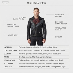 Blouson Moto Homme en Cuir de Cheval 1,2 mm Asymétrique Fendu Style Perfecto, Vente en Gros, Personnalisable OEM, Streetwear - Product Image 5